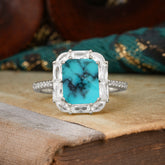 4CT Emerald Cut 8 Prong Turquoise Engagement Ring Pave Halo Bridal Ring